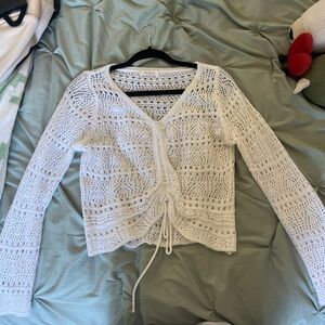 white crochet tie up cardigan